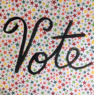 the word vote written in black over a background of multicolor stars